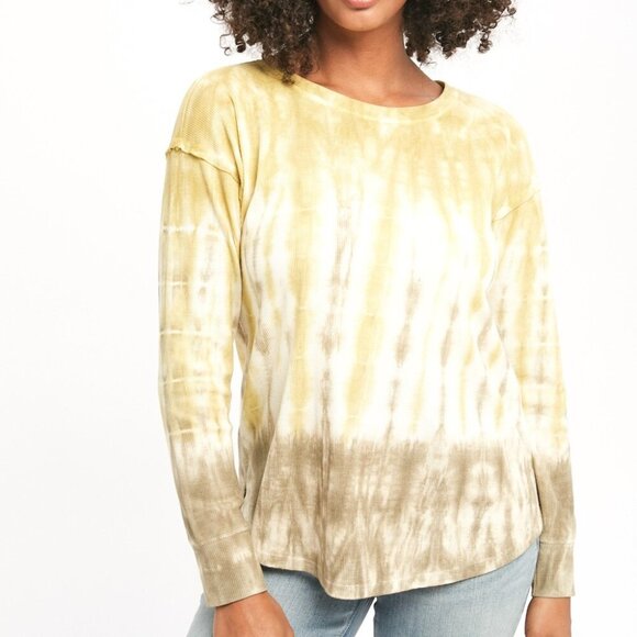 MYSTREE Yellow Beige Tie-Dye Long Sleeve Top, Casual Waffle Knit Pullover - Picture 1 of 7